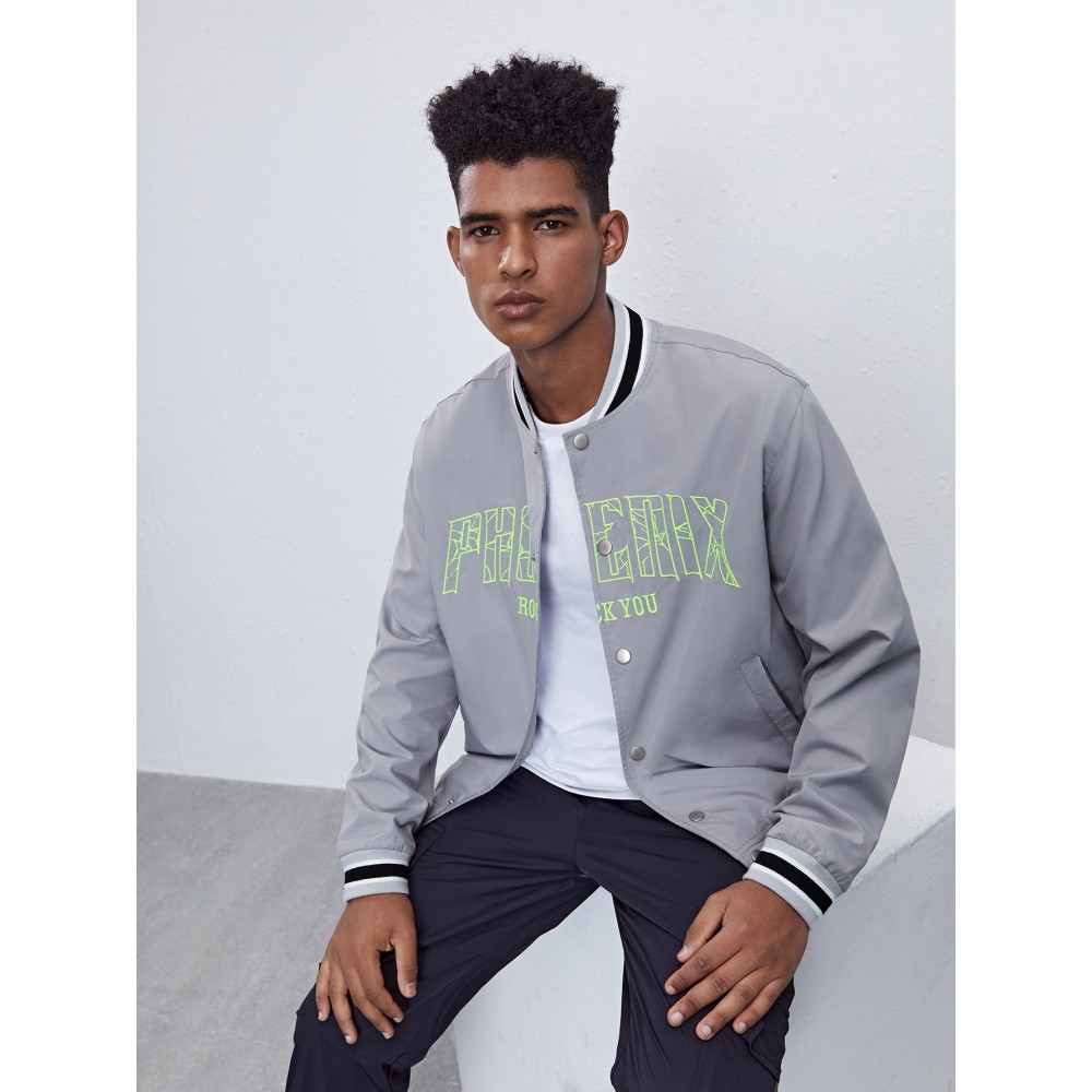 Men Letter Embroidery Slant Pocket Bomber Jacket Men Letter Embroidery Slant Pocket Bomber Jacket