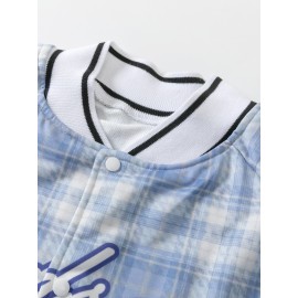 Letter Plaid Button Front Bomber Jacket