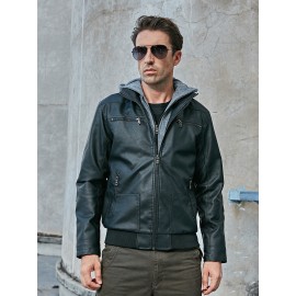 Men Zip Pocket PU 2 In 1 Hooded Jacket