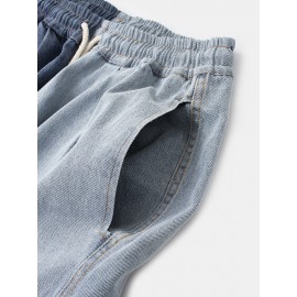 Mens Contrast Patchwork Drawstring Elastic Waist Jeans With Big Pocket