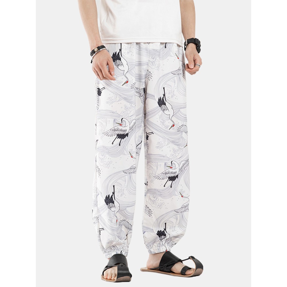 5 Colors Mens Chinese Style Oriental Crane Print Inside Drawstring Casual Pants 5 Colors Mens Chinese Style Oriental Crane Print Inside Drawstring Casual Pants