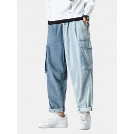 Mens Contrast Patchwork Drawstring Elastic Waist Jeans With Big Pocket